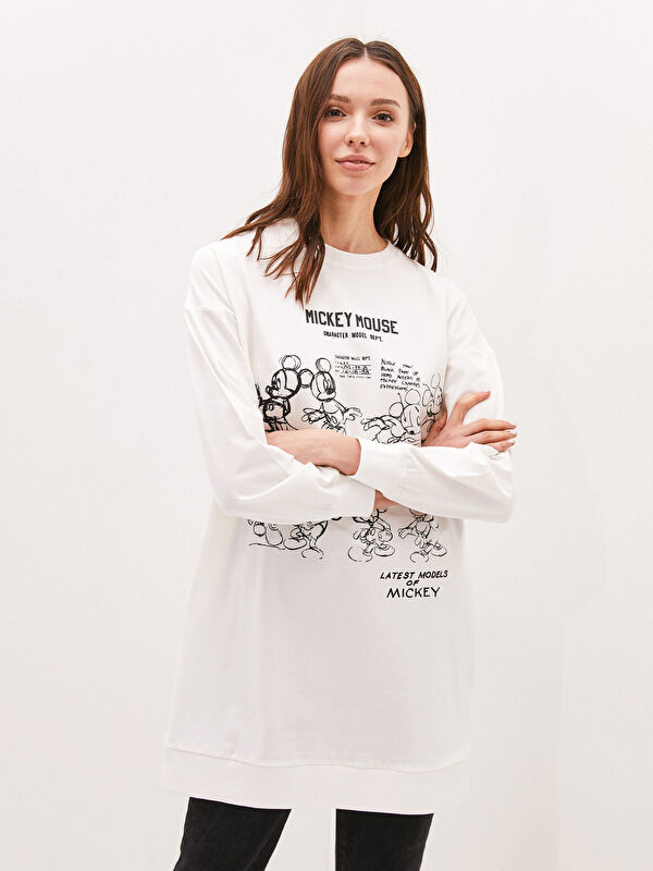 LCW Modest Crew Neck Mickey Mouse Printed Long Sleeve Women's Tunic