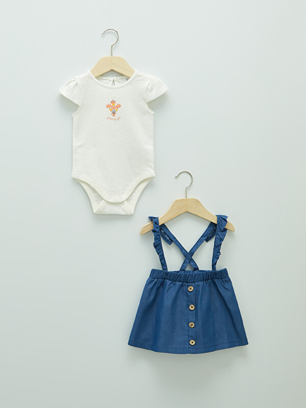 LCW baby Crew Neck Short Sleeve Baby Girl Snap Fastener Body and Skirt 2-Pack Set