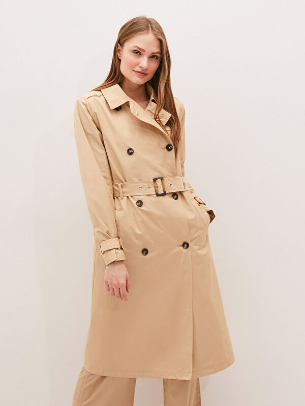 LCWAIKIKI Classic Women's Trench Coat with Jacket Collar Waist Belt Long Sleeve Button Closure