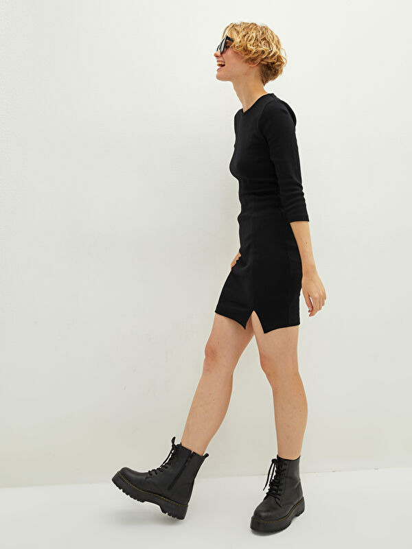 LCW Vision Rundhalsausschnitt Gerade Schlitz Detailiertes Figurbetontes Kleid für Damen