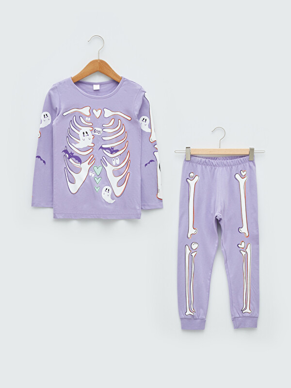 LCW Kids Crew Neck Printed Long Sleeve Girls' Pyjama Set