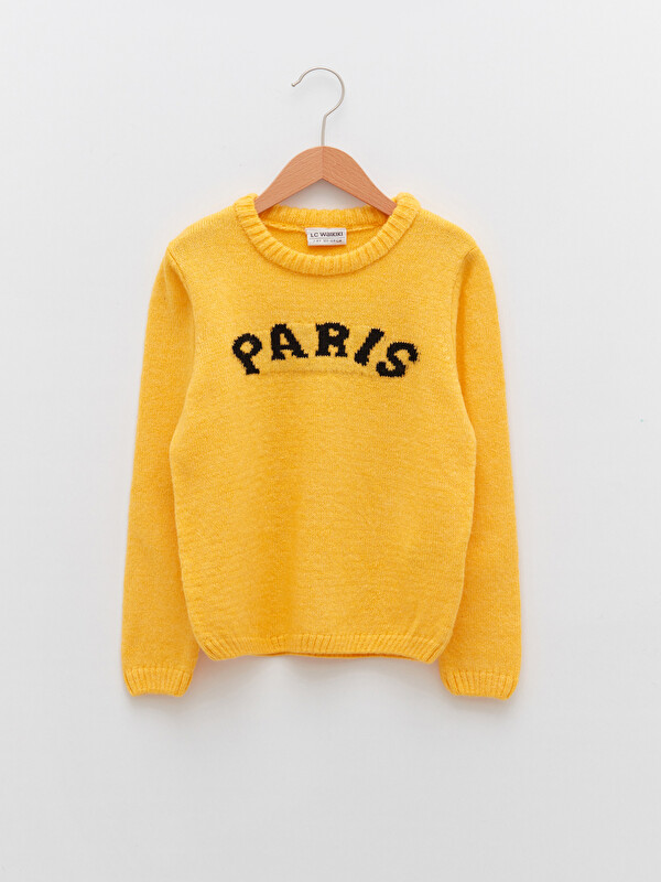 LCW Kids Crew Neck Letter Printed Long Sleeve Girls' Knitwear Sweater