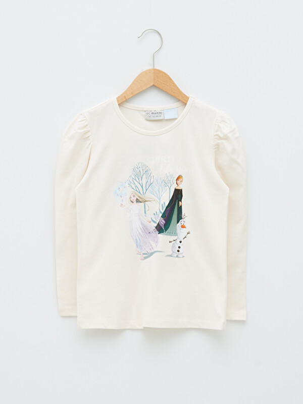 LCW Kids Crew Neck Frozen Printed Long Sleeve Cotton Girls T-Shirt