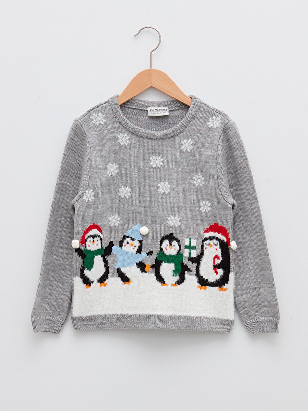 LCW Kids Crew Neck New Year Themed Long Sleeve Girls' Thick Knitwear Sweater