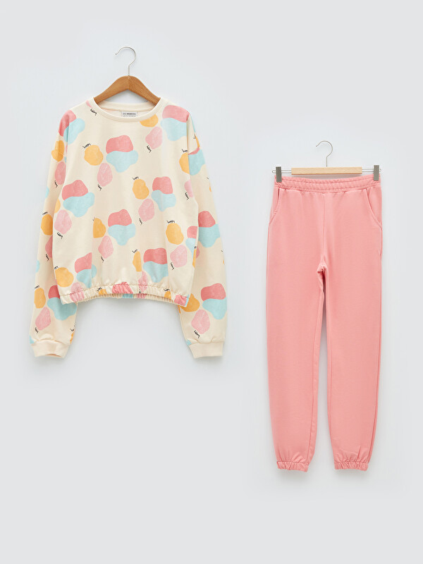 LCW Kids Crew Neck Printed Long Sleeve Girls' Sweatshirt and Sweatpants
