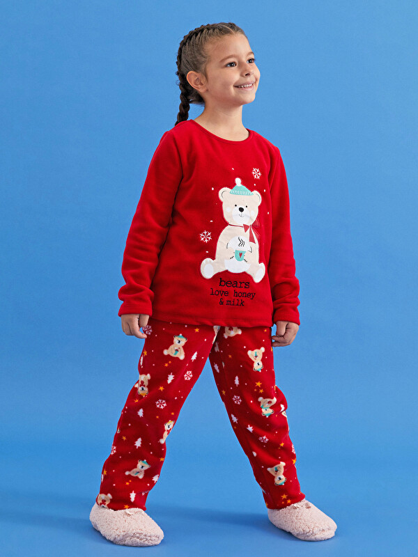 LCW Kids Crew Neck New Year Themed Long Sleeve Fleece Girls' Pajamas Set