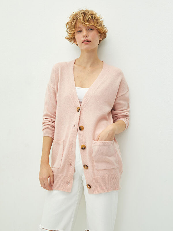 LCW Vision V-Neck Straight Long Sleeved Pocket Detailed Women's Knitwear Cardigan
