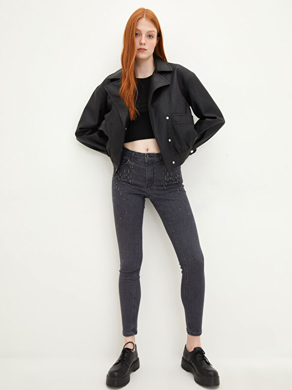 LCW Jeans Normal Waist Mercury Skinny Fit Pocket Stone Embroidered Women's Rodeo Jean Trousers