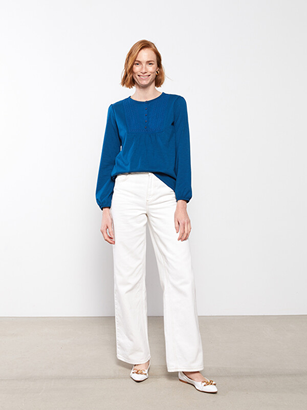 LCW Grace Blouse en Coton à Manches Longues Brodée à Col Rond pour Femmes