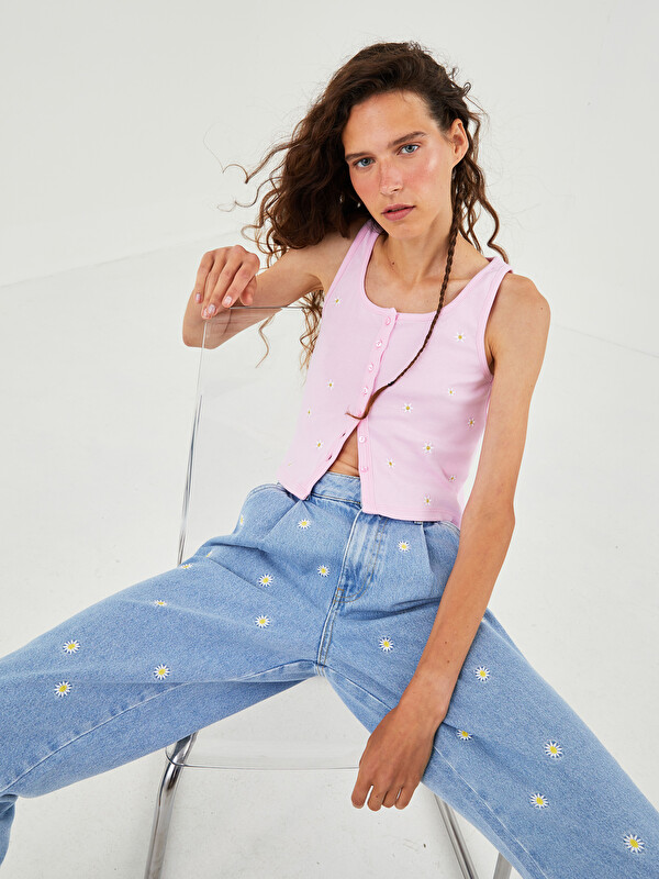 XSIDE Blouse En Coton Brodée à Fleurs et Encolure en U pour Femmes