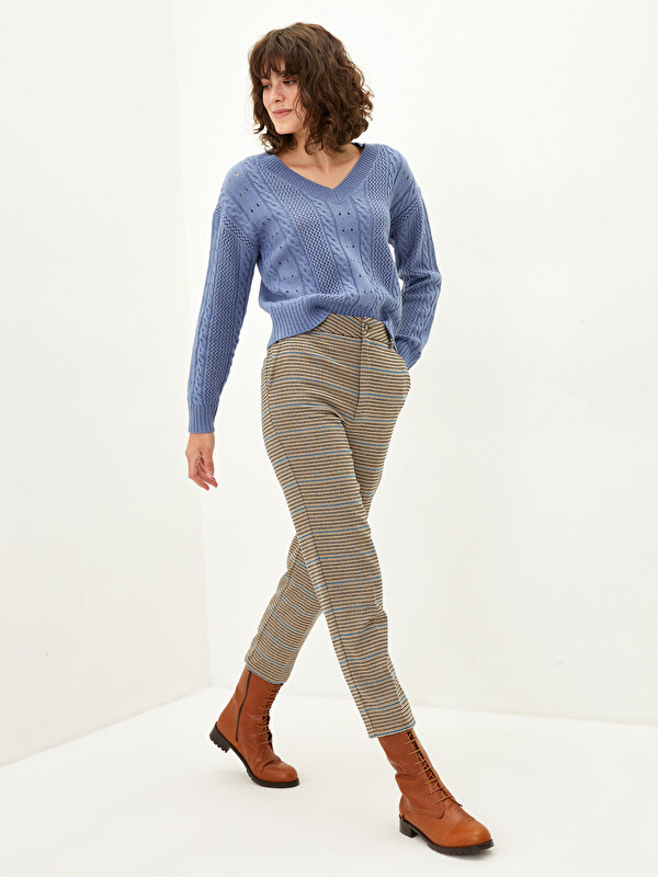 LCW Vision Normal Waist Comfortable Fit Plaid Women Carrot Trousers