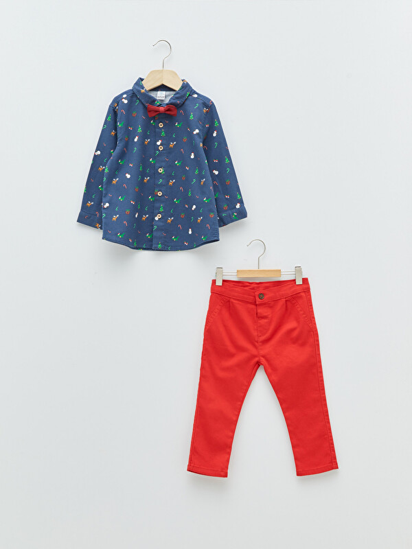 LCW baby Set 3 Piese Cămașă cu Mânecă Lungă Imprimată, Pantaloni și Papion pentru Bebeluși Băieți