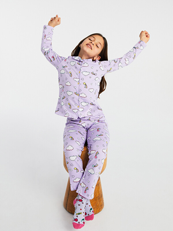 LCW Kids Shirt Collar Printed Long Sleeve Girls' Pyjama Set