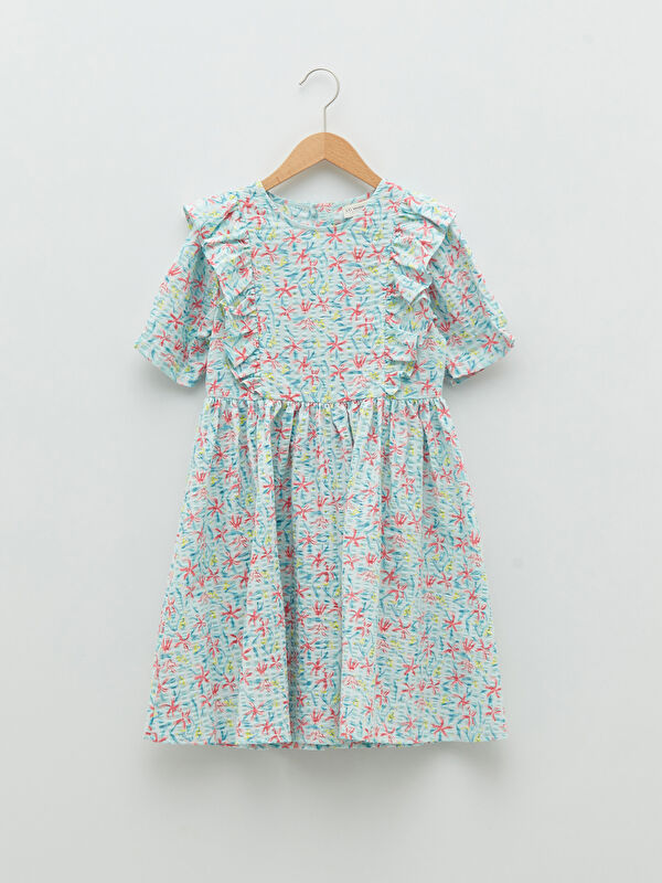 LCW Kids Crew Neck Printed Short Sleeve Cotton Girl Dress