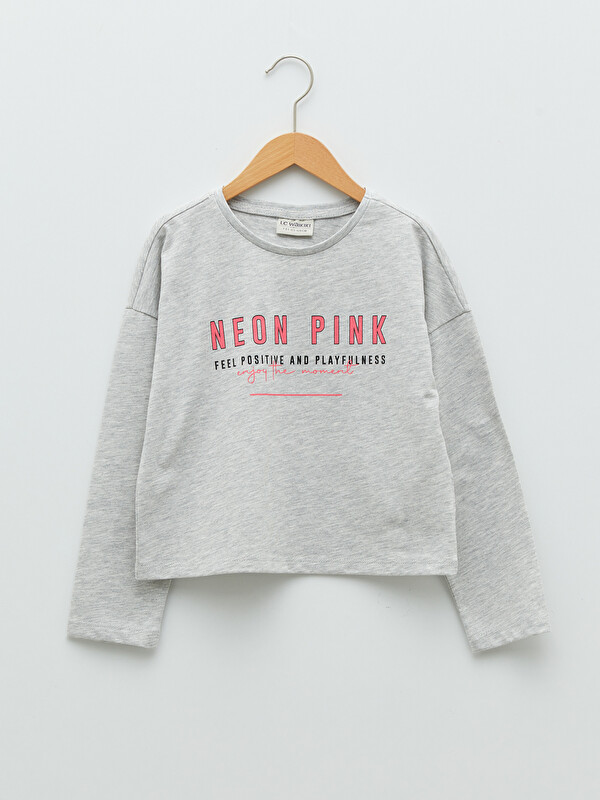 LCW Kids Crew Neck Letter Printed Long Sleeve Girl's T-Shirt
