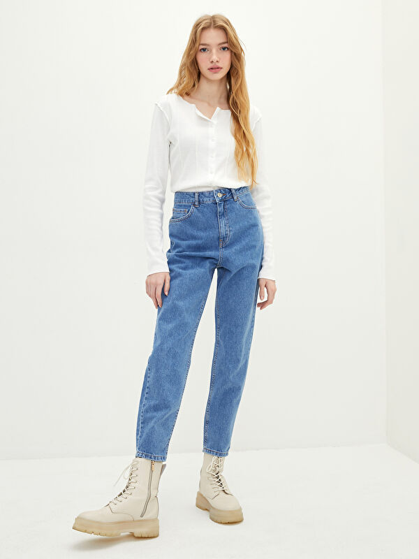 LCW Jeans Hoch Taillierte Mom Fit Damen Rodeo Denim Hose mit Normalen Taschen