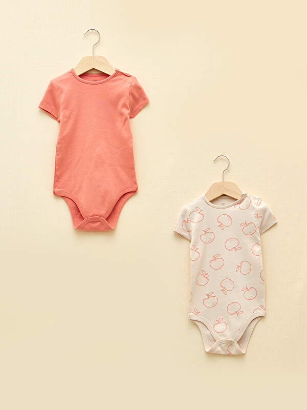 LCW baby Crew Neck Short Sleeve Printed Baby Girl Snap Fastener Bodysuit 2 Pack