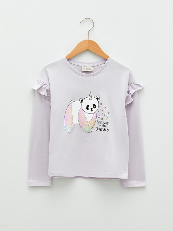 LCW Kids Crew Neck Printed Long Sleeve Cotton Girl T-shirt