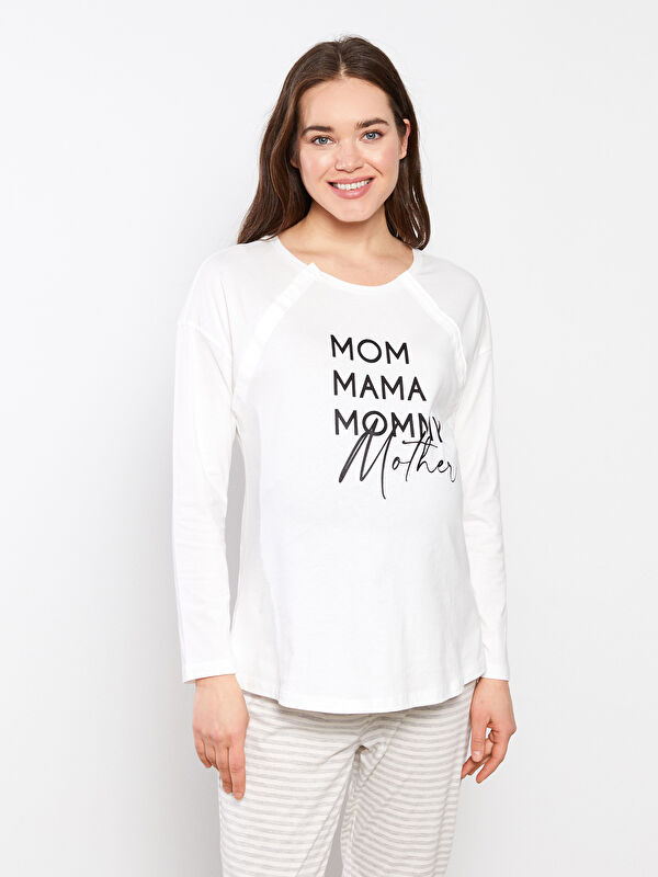LCW DREAM Crew Neck Printed Long Sleeve Maternity Pajamas