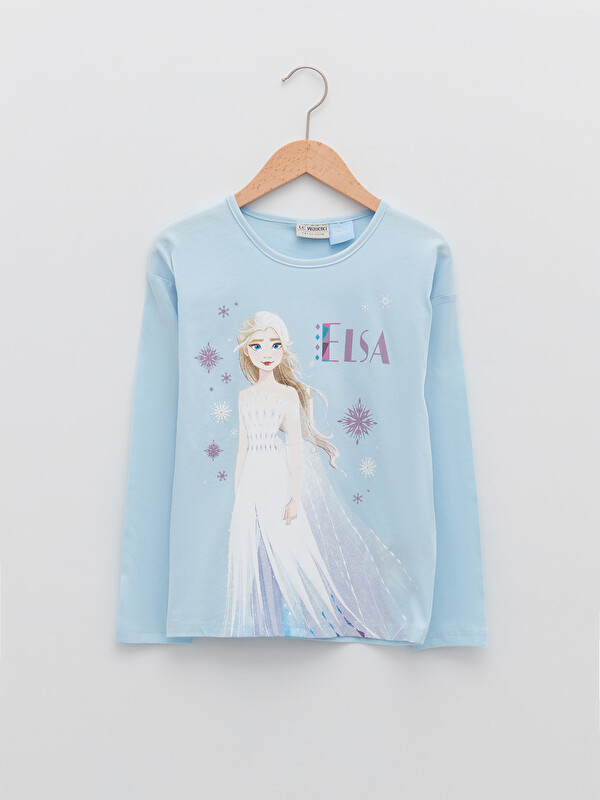 LCW Kids Crew Neck Elsa Printed Long Sleeve Cotton Girl T-shirt