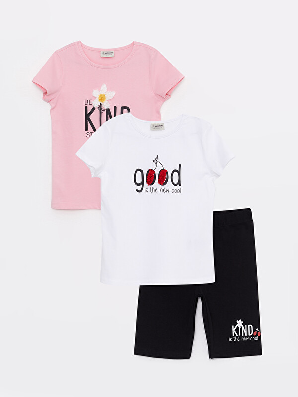 LCW Kids Crew Neck Printed Short Sleeve Girl's 2-Piece T-Shirt and Tights