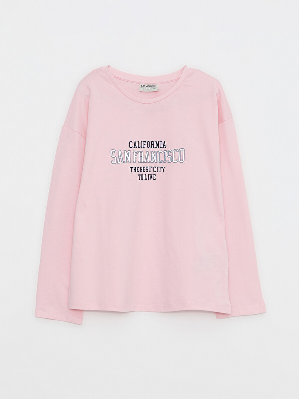 LCW Kids Crew Neck Printed Long Sleeve Cotton Girl T-shirt