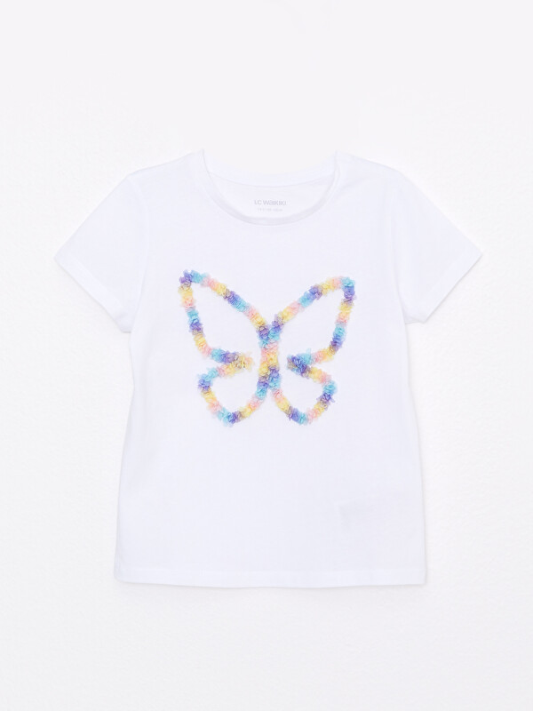 LCW Kids Crew Neck Embroidery Detailed Short Sleeve Cotton Girls T-Shirt