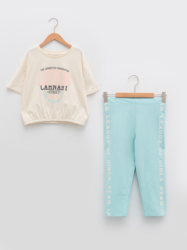 LCW Kids Crew Neck Printed Short Sleeve Girl's Sweatshirt and Tights