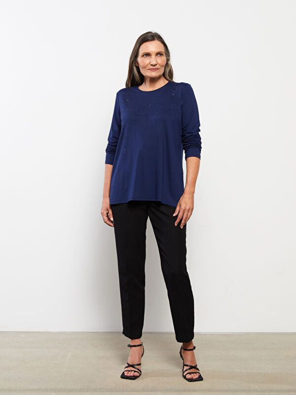 LCW Grace Crew Neck Shiny Stone Printed Long Sleeve Women's T-Shirt
