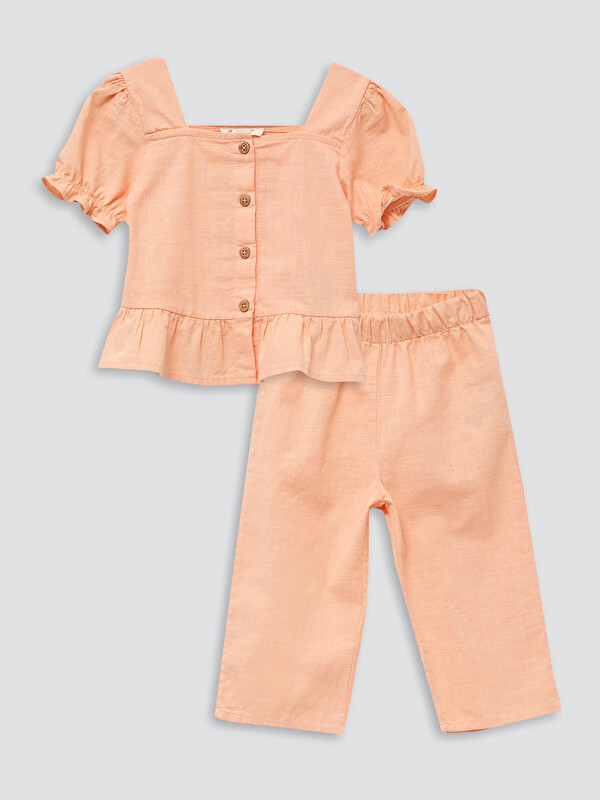 LCW baby Square Collar Short Sleeve Basic Baby Girl Blouse and Pants 2-Pack Set