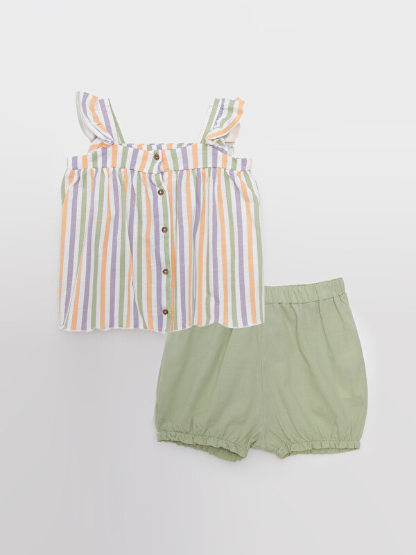 LCW baby Square Collar Strap Striped Cotton Baby Girl Blouse and Shorts 2-Pack Set