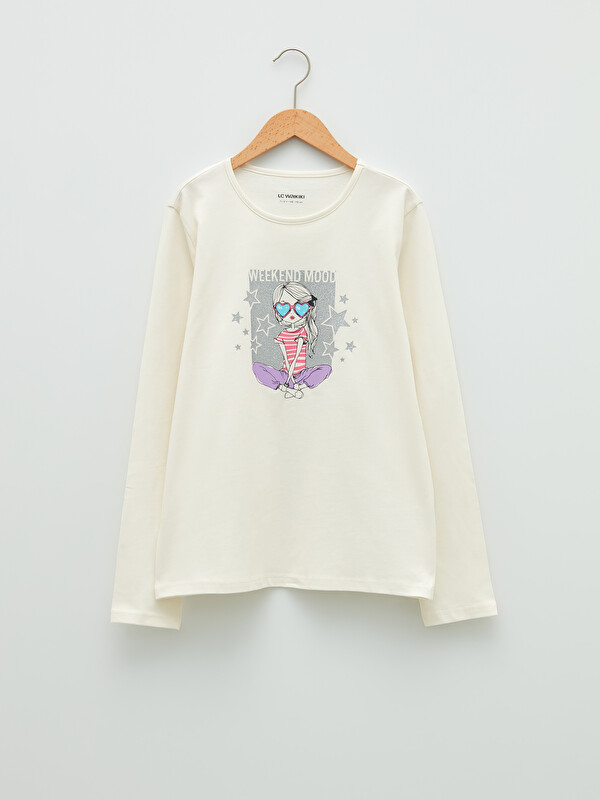 LCW Kids Crew Neck Printed Long Sleeve Cotton Girl T-shirt