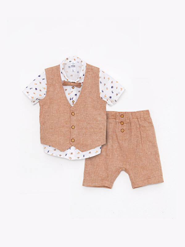 LCW baby Baby Boy Shirt Shorts Vest and Bow Tie Set of 4