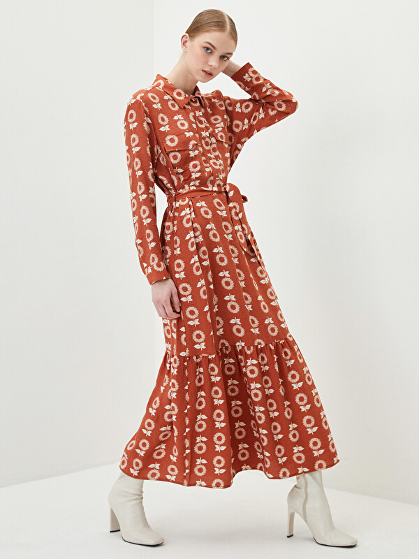 LCW Modest Shirt Neck Flower Long Sleeve Poplin Women's Dress