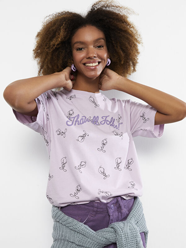 LCW Vision Crew Neck Tweety Printed Short Sleeve Cotton Women's T