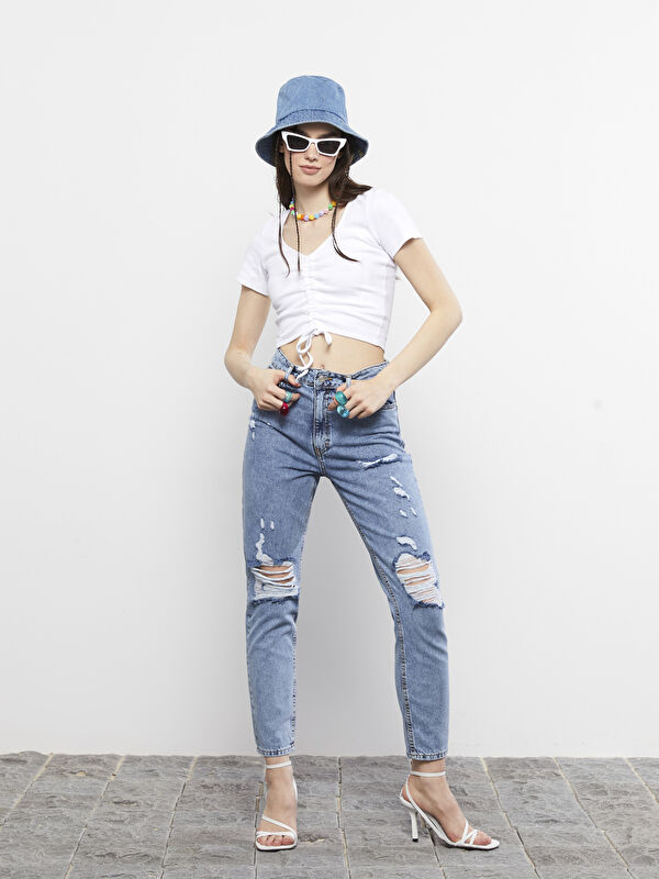 XSIDE Mom Fit Pocket Ripped Detailed Women Jeans