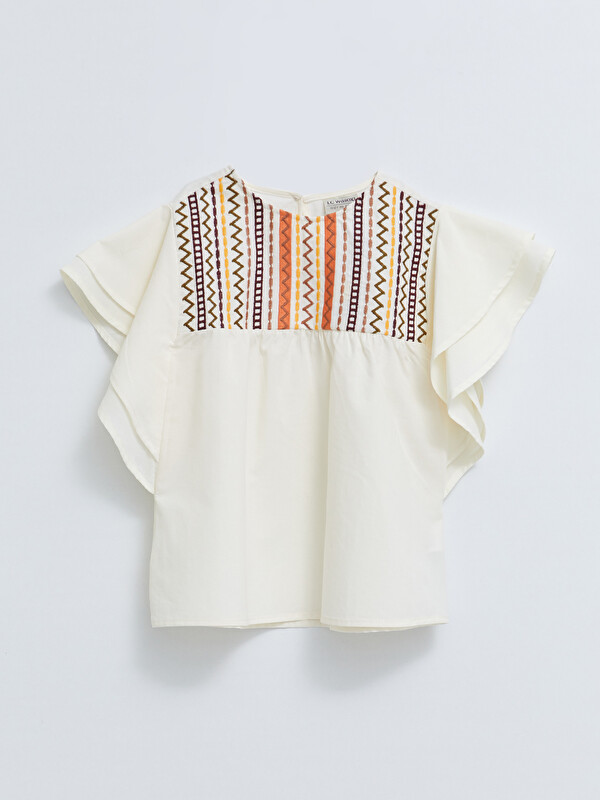 LCW Kids Crew Neck Embroidered Short Sleeve Cotton Girls' Blouse