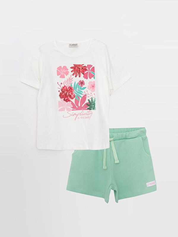 LCW Kids Crew Neck Printed Short Sleeve Girls' T-Shirt and Shorts