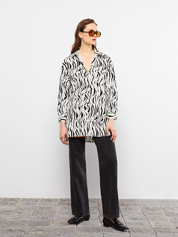 LCW Modest Patterned Long Sleeve Oversize Poplin Women's Shirt Tunic