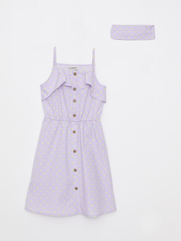 LCW Kids Square Collar Polka Dot Strap Poplin Girl Child Dress and Headband