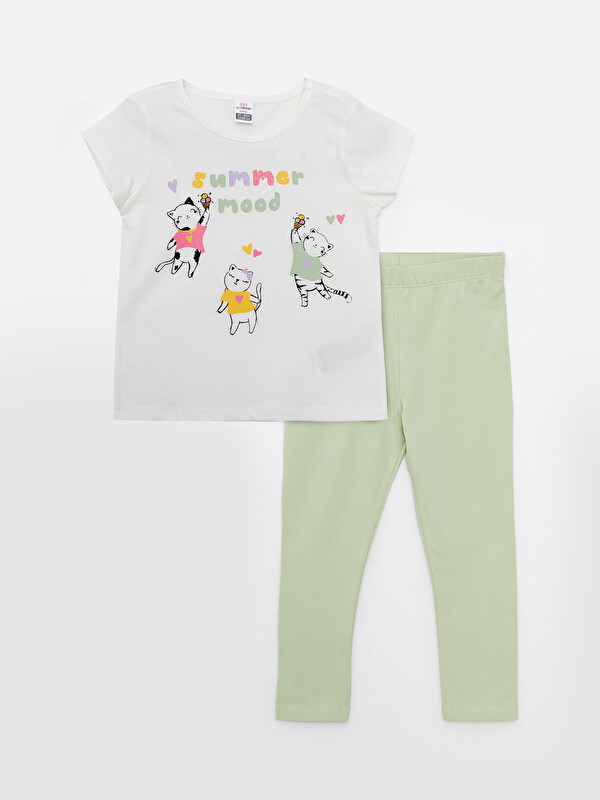 LCW baby Crew Neck Printed Baby Girl T-Shirt and Leggings 2-Pack Set