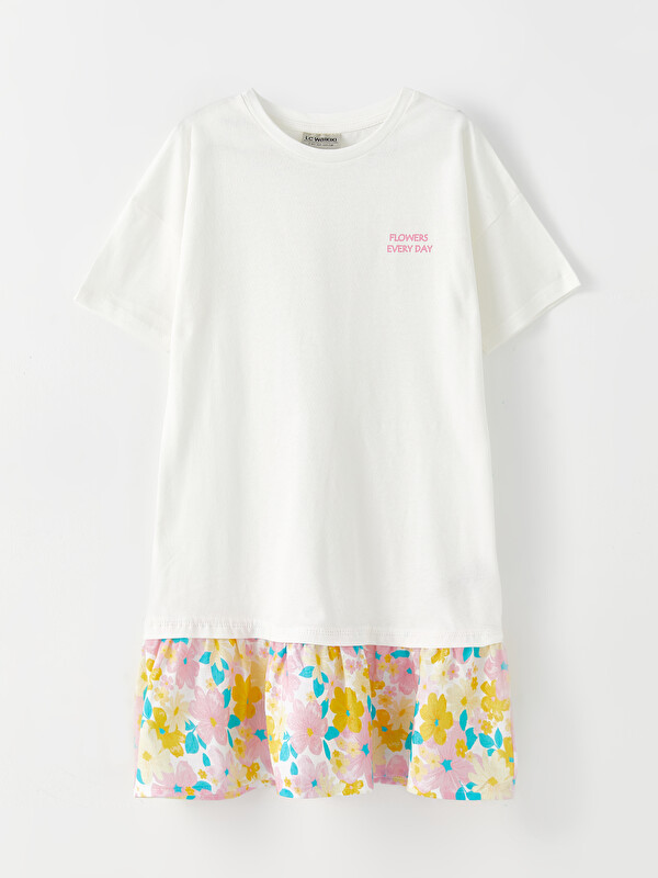 LCW Kids Crew Neck Printed Short Sleeve Cotton Girl Dress