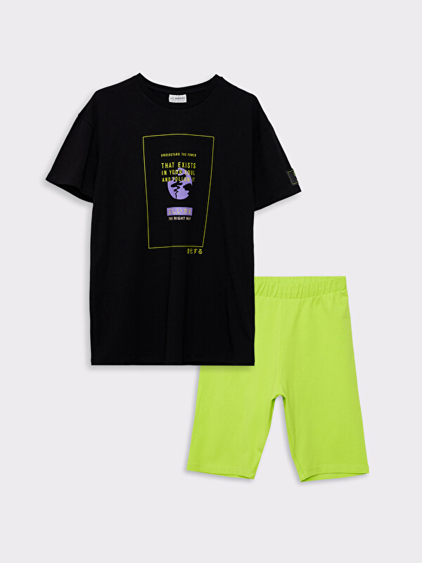 LCW Kids Crew Neck Printed Short Sleeve Girls' T-Shirt and Tights