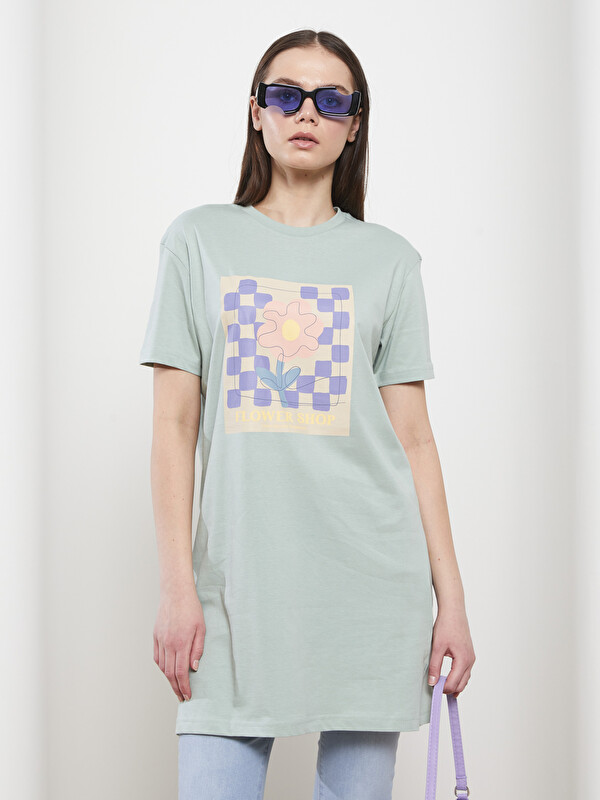 LCW Modest Crew Neck Printed Short Sleeve Cotton Women's Tunic