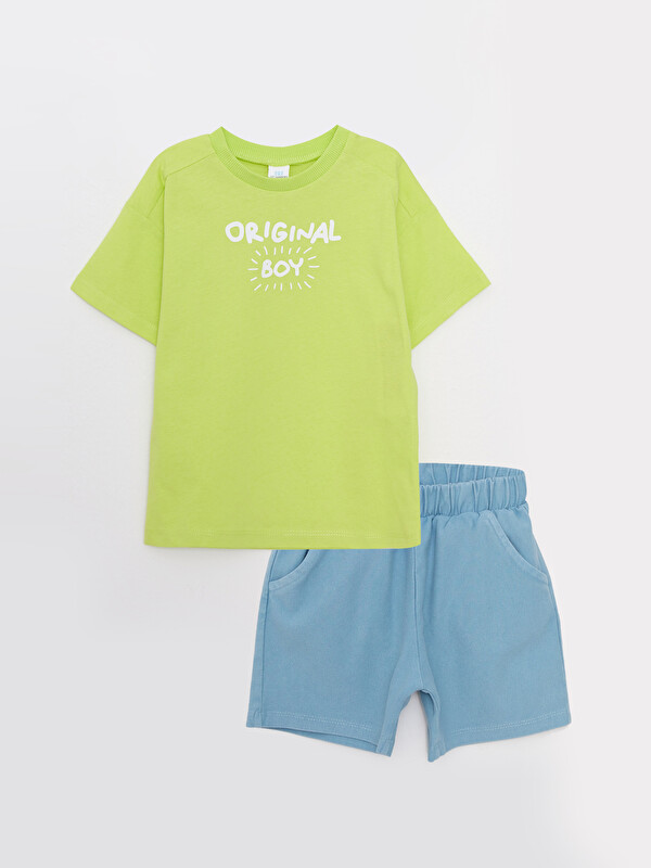 LCW baby Crew Neck Short Sleeve Printed Baby Boys' T-Shirt and Shorts 2 Pack Set