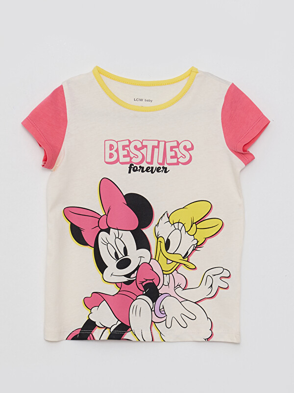 LCW baby Bisiklet Yaka Kısa Kol Minnie Mouse Baskılı Pamuklu Kız Bebek Tişört