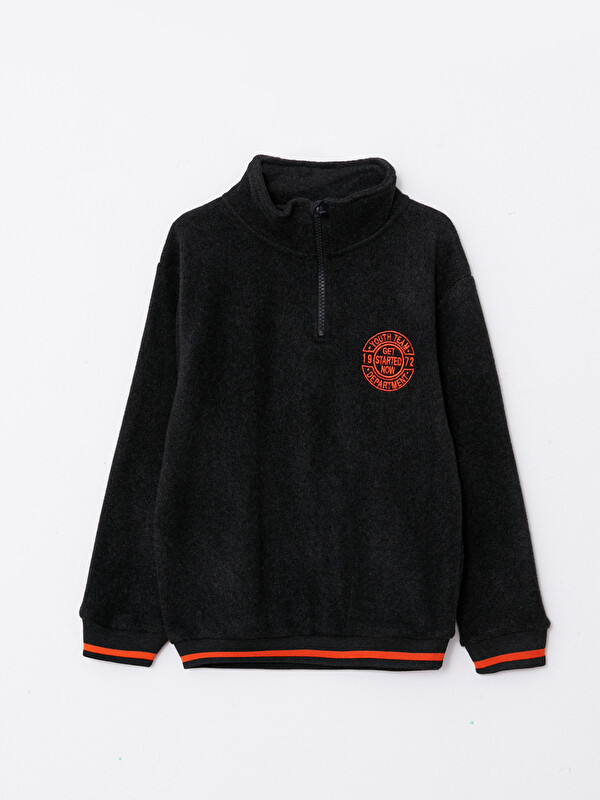 LCW Kids Turtle Neck Embroidery Detailed Long Sleeve Fleece Boy Sweatshirt