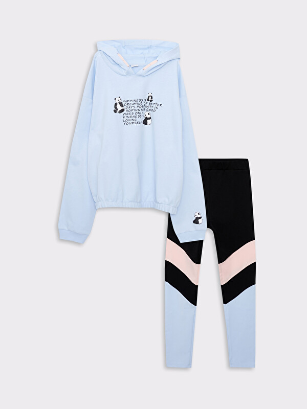 LCW Kids Hooded Printed Long Sleeve Girl Sweatshirt and Tights