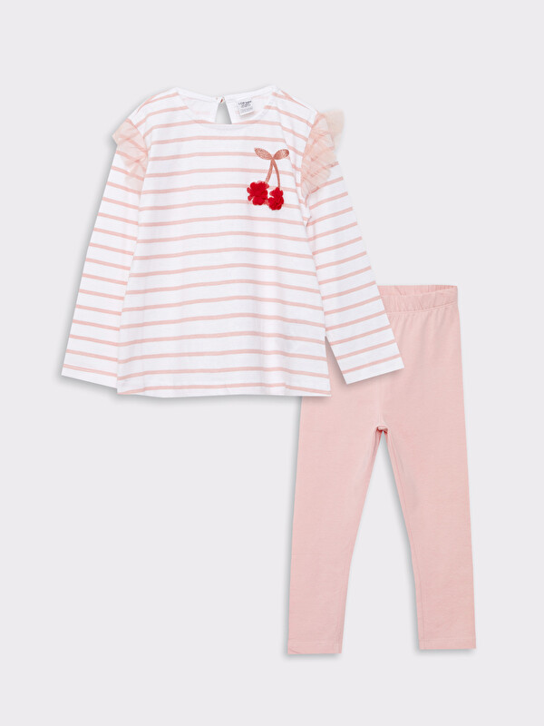 LCW baby Crew Neck Long Sleeve Striped Baby Girl T-shirt and Tights 2-Pack Set