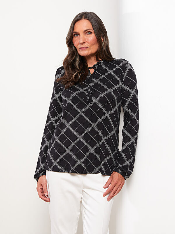 LCW Grace Tie Neck Patterned Long Sleeve Women's T-shirt